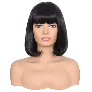 Short Straight Bob Wig Heat Resistant Hair with Blunt Bangs Natural